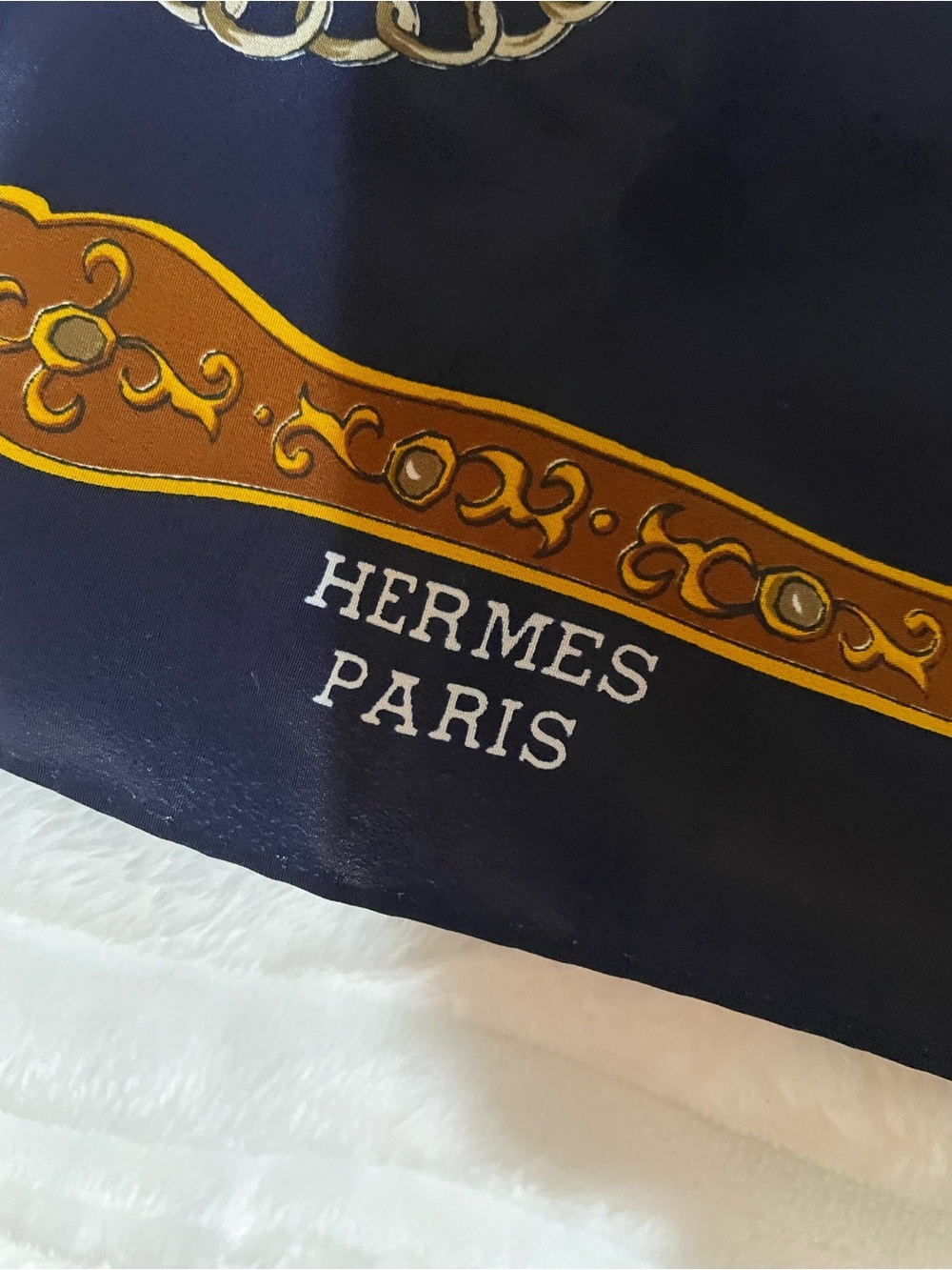 Hermès Navy Silk Scarf with Gold and Orange Harness Motif - Picture 2 of 16